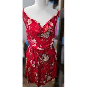 ONeill Red Floral Print Cami Mini Dress Asymmetric Hem Smocked Waist Womens L